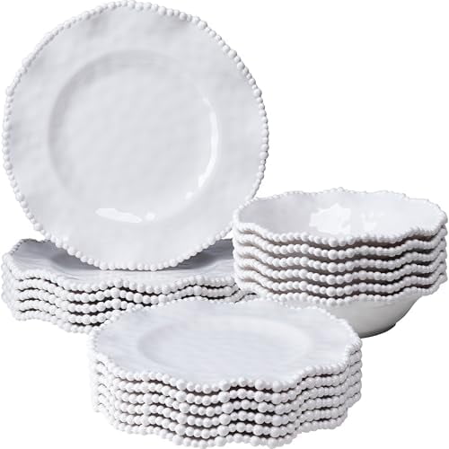 Creamy Beaded Melamine Dinnerware Sets, Set of 6,18 piece Farmhouse Plates and Bowls Set, Lightweight, BPA-Free Scalloped Rim Dishes Dinner Serving Set for Indoor & Outdoor Use, off-white
