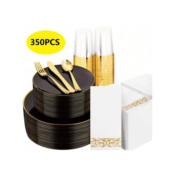 350PCS Black & Gold Disposable Dinnerware Set - Serves 50 Guests for Parties Weddings Birthdays