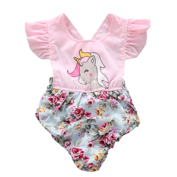 StylesILove Newborn Baby Girl Backless Unicorn Floral Print Ruffle Sleeve Sunsuit Romper (70/0-3 Months)