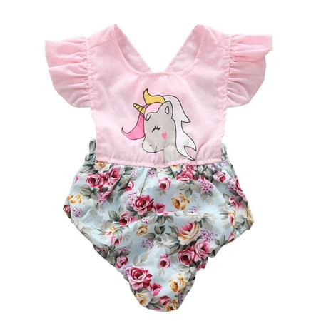 

StylesILove Newborn Baby Girl Backless Unicorn Floral Print Ruffle Sleeve Sunsuit Romper (70/0-3 Months)