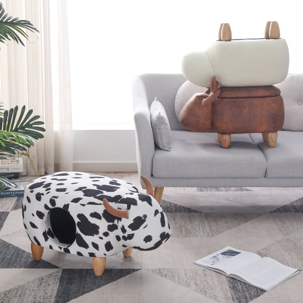 FOOING Animal Storage Stool for Kids, Ottoman Bedroom Furniture,Decorative Cow Style Kids Footstool, Cartoon Chair w/Solid Wood Legs,Black/White - FOOING Animal Storage Stool for Kids, Ottoman Bedroom Furniture,Decorative Cow Style Kids Footstool, Cartoon Chair w/Solid Wood Legs,Black/White -