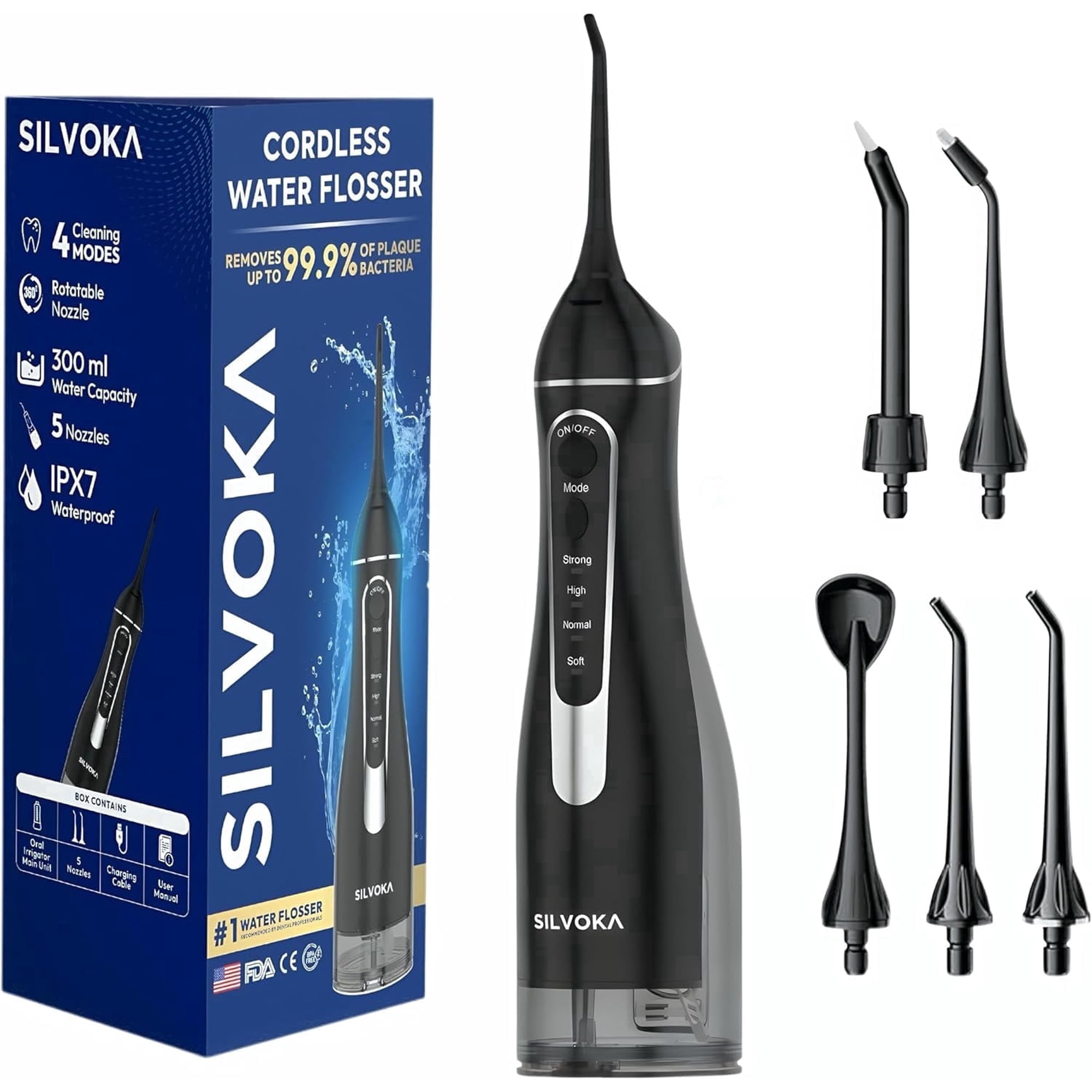 SILVOKA 300ML Cordless Portable IPX7 Waterproof Oral Irrigator Water Flosser, Black