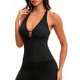 thumbnail image 6 of Women's Workout Tank Tops Summer Deep V Neck Racerback Ribbed Knit Fitted Going Out Camisole Tops Black, 6 of 8