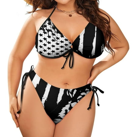 Women USA Flag with German Shepherd Dog Plus Size String Triangle Bikini Set Adjustable Halter Side Tie Swimsuit