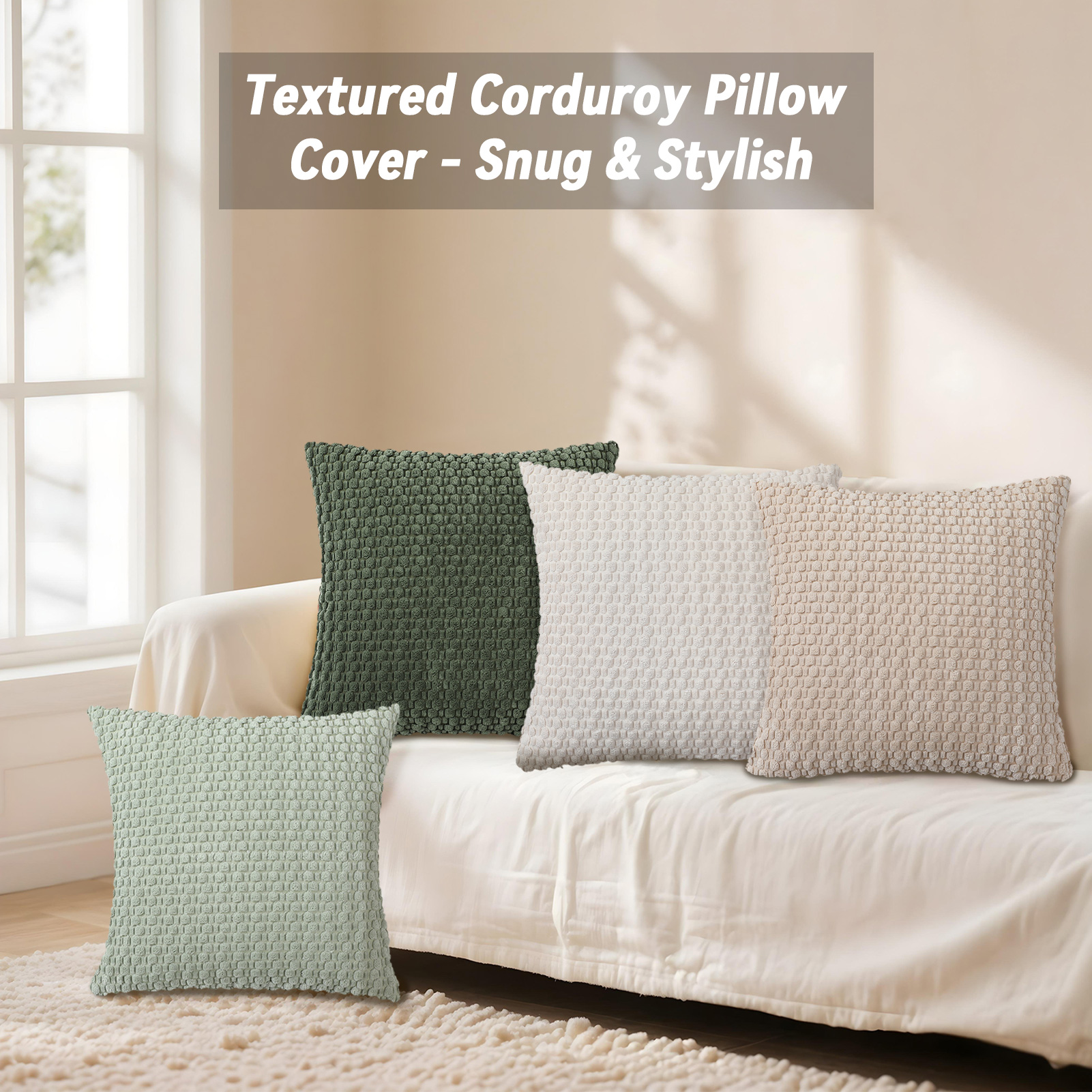 HonorHut Set of 4 Boho Corduroy Pillow Covers Decorative Soft Decor for Couch 20x20Inch Farmhouse Cushion Fresh Green