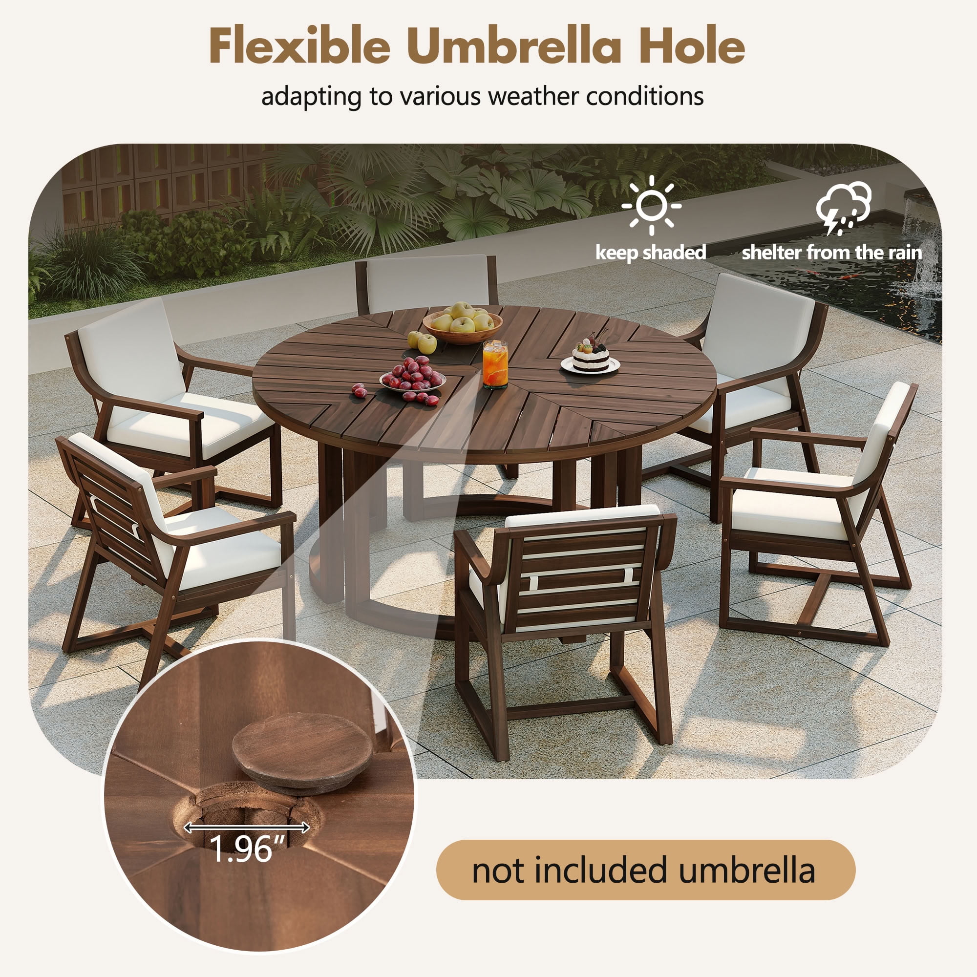 MAYEERTY 59" Round Patio Dining Table, Wood Dining Table with Umbrella Hole for Garden, Patio, and Poolside