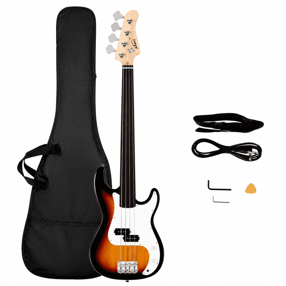 Fretless Bass Guitar Full Size 4 String for experienced Bass Players Cord Wrench Tool Sunset Color
