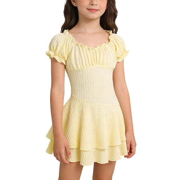 lnmuld Girls Dresses Summer Dress off Shoulder Ruffle Sleeve Slim Fit Casual Party Wear for Kids Color:Yellow,Size:8-9 Years