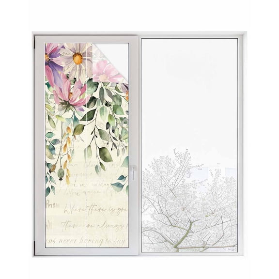 Window Privacy Film Eucalyptus Stained Glass Window Film Decorative Sun Block Window Cover Sage Green Botanical Leaf Pink Flower Farm Window Clings Static Adhesive Sticker for Bathroom 29.5"x78.7"