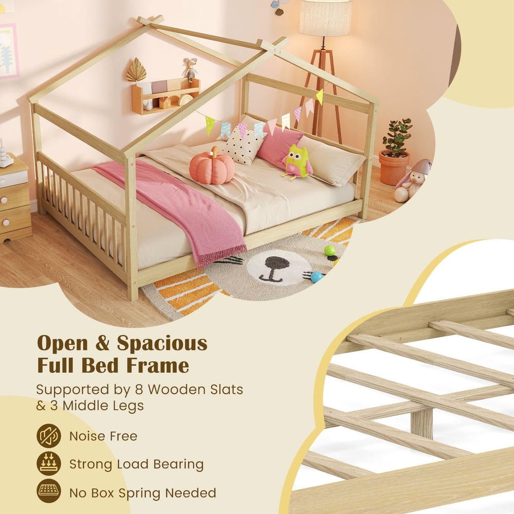 Barara King Full Size House Bedroom Bed Frame with Headboard, Montessori Floor Bed Platform Frame for Apartment, Bedroom, Natural