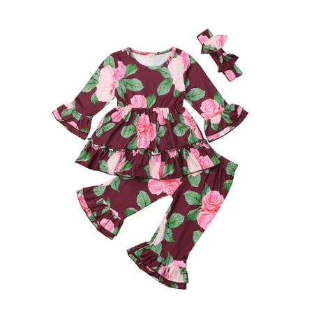 

Baby Girls Spring 3PCS Outfit Set Long Sleeve Floral Ruffle Long Flared Hem Pant Bow Hair Band Set