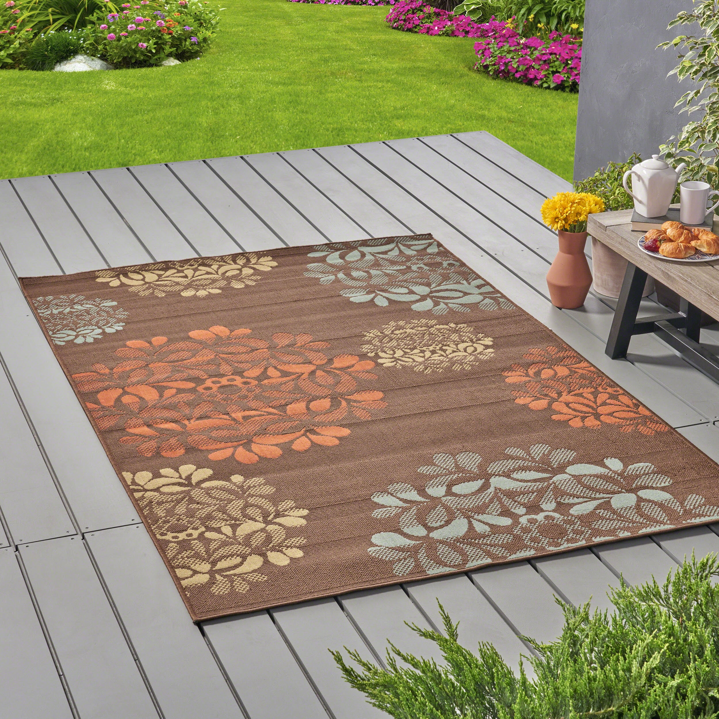 GDF Studio Sallie Outdoor Floral 5' x 8' Area Rug, Brown and Blue