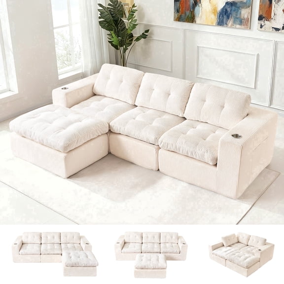Fnkosi Modern Cloud Couch Sectional with L-Shaped Chaise, Ergonomic Support & Free Combination, Corduroy Sofa for Living Room, No Assembly Required, Beige