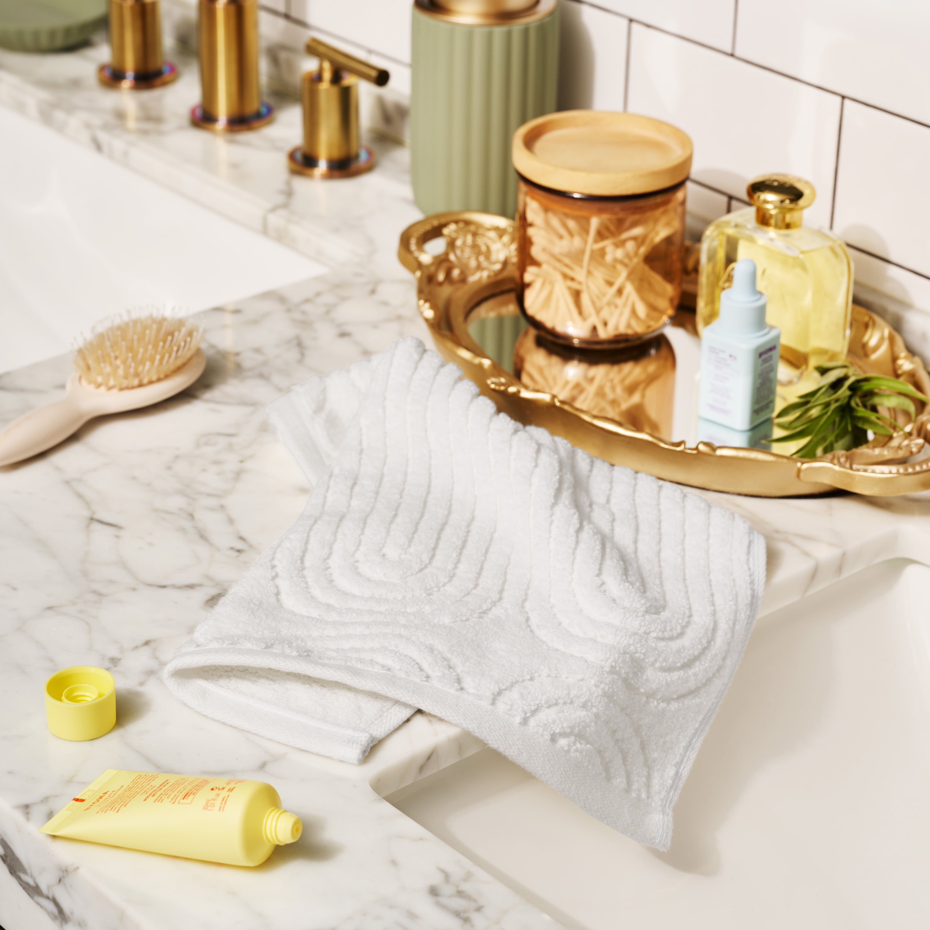 (2 pack) Beautiful by Drew Barrymore Textured Washcloth, 100% Cotton, Off White