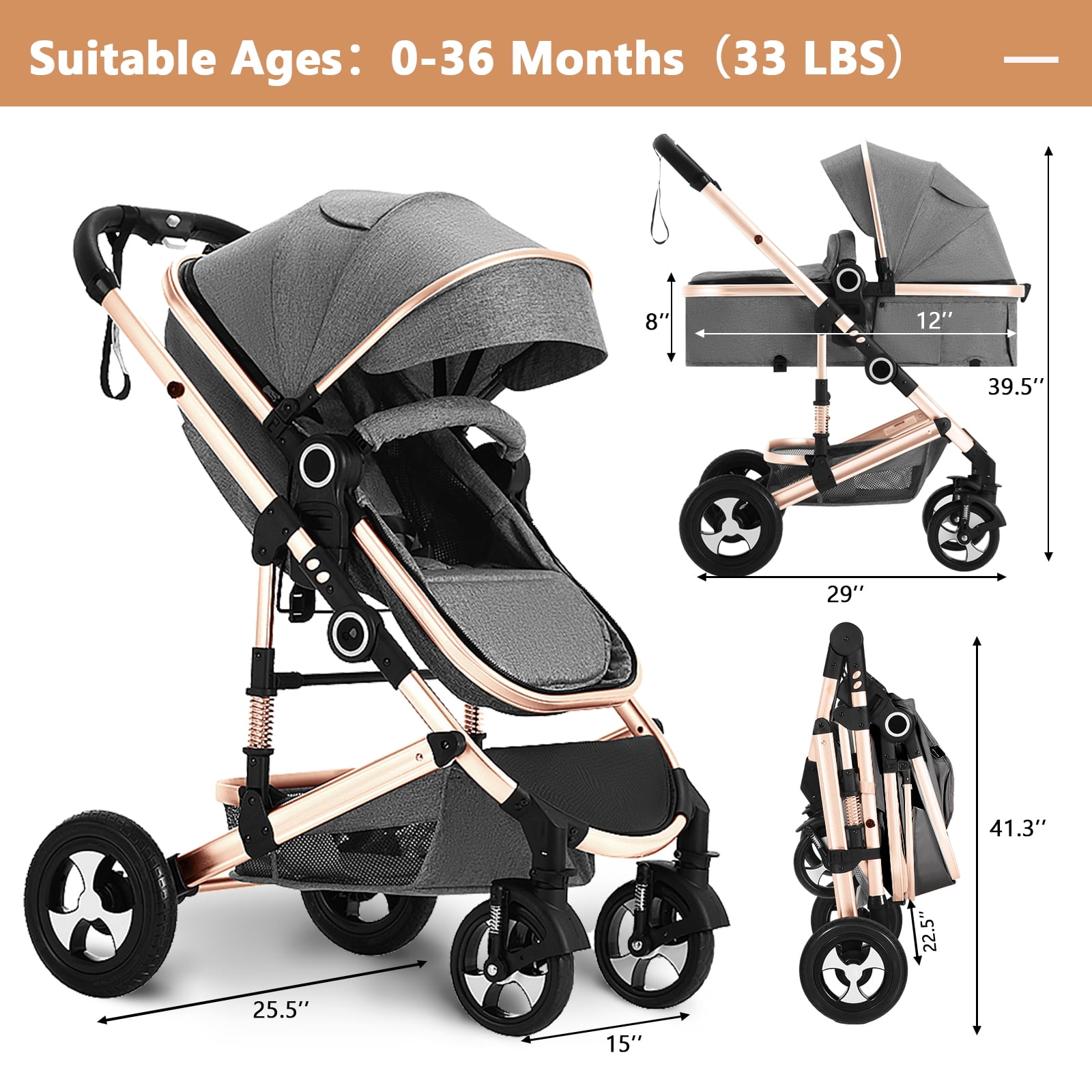 LINLUX 2 in 1 Baby Stroller w/ Diaper Bag & Big Wheel, Infant Pushchair, 23 Pounds, Rose Gold