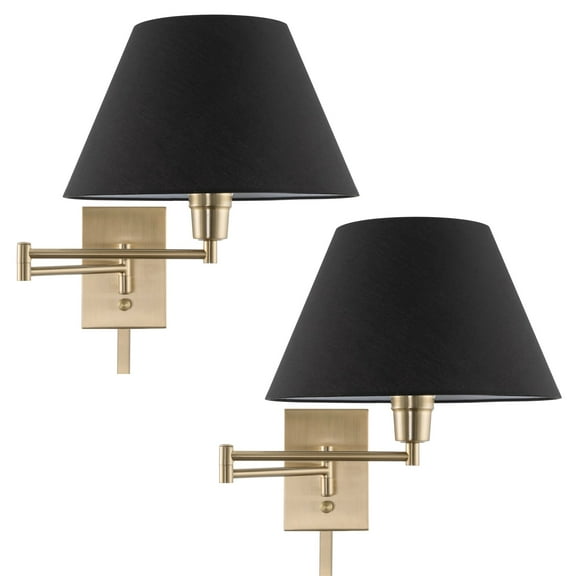 Kira Home Cambridge 15" Modern Swing Arm Wall Lamp - Plug In/Wall Mount   Black Fabric Shade, Cool Brass Finish, 2-Pack