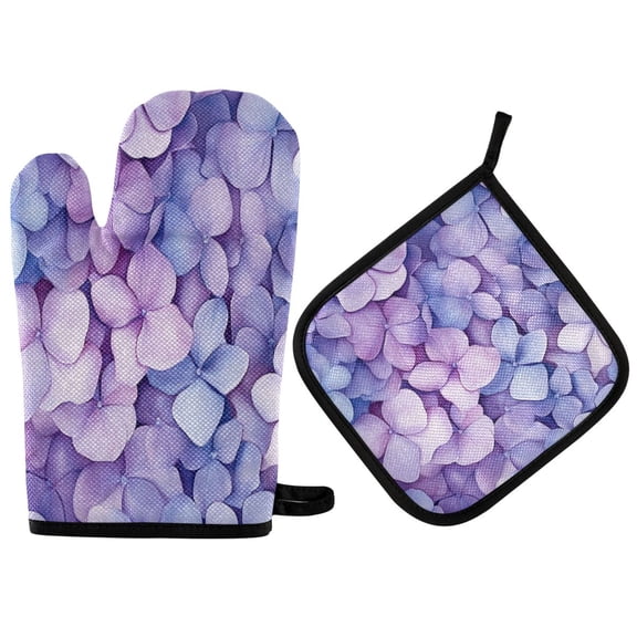 2PCS Pot Holders and Oven Mitts Sets Cooking Gloves Kitchen Gloves Heat-Resistant Non-Slip for Baking Cooking Purple Hydrangea Petals