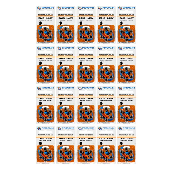 Premium Batteries Size 13 ZA13 1.45V Hearing Aid Batteries Orange Tab (120 Batteries)