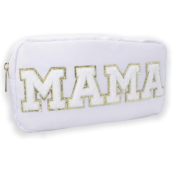 Fablinks Preppy Makeup Pouch, Chenille Varsity Letter Stuff Bag for Women, White Nylon Skin Care Patch Bags Organizer, Travel Make Up Skincare Cosmetic Zipper Bags