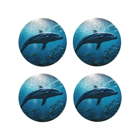 

Tebeau Ocean Dolphin Fish School Print Set of 4 Leather Drink Coasters Round Cup Mat Pad for Home and Kitchen Use 4 -Round Shape