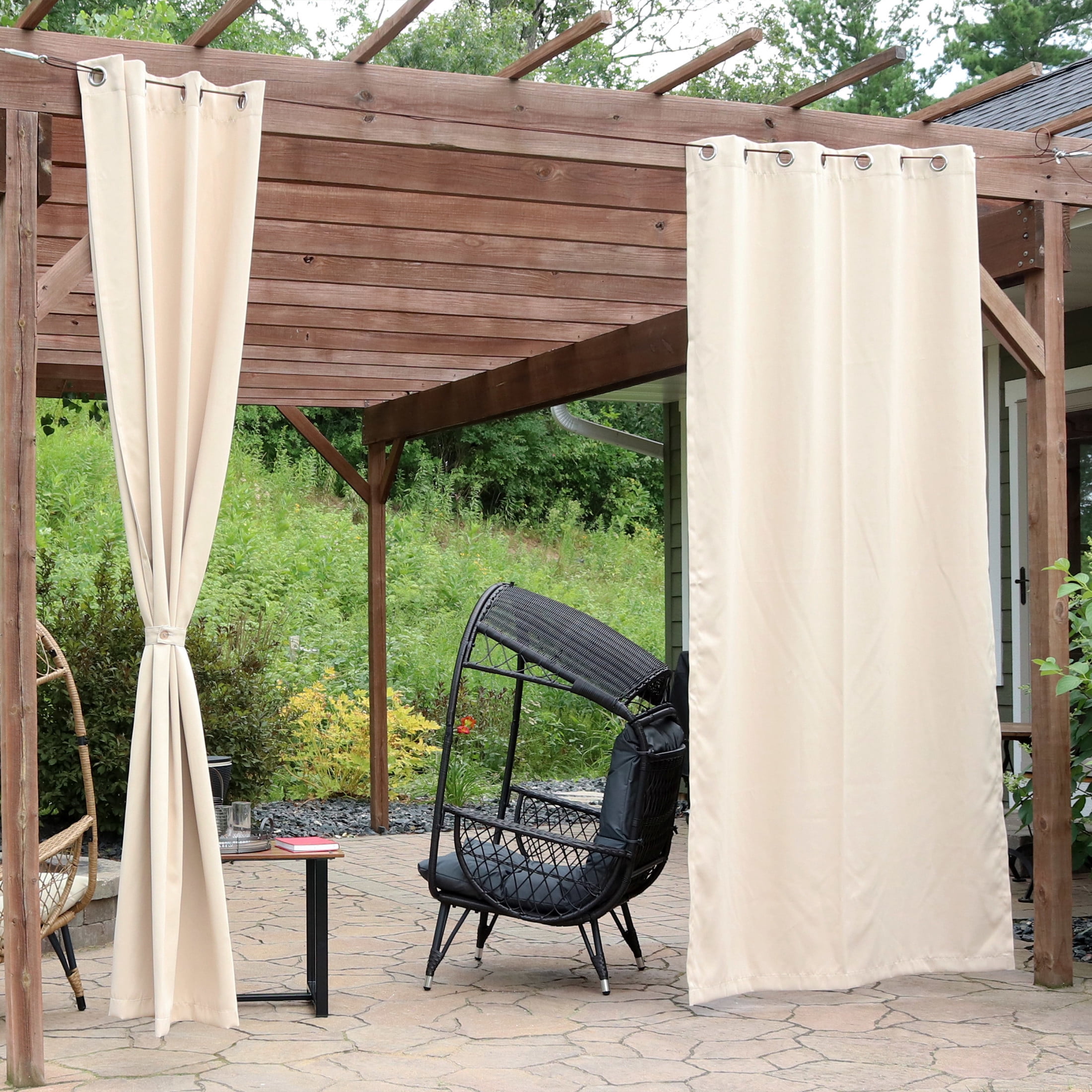 Sunnydaze Modern 2-Piece Beige Solid Room-Darkening Indoor or Outdoor Curtain Set