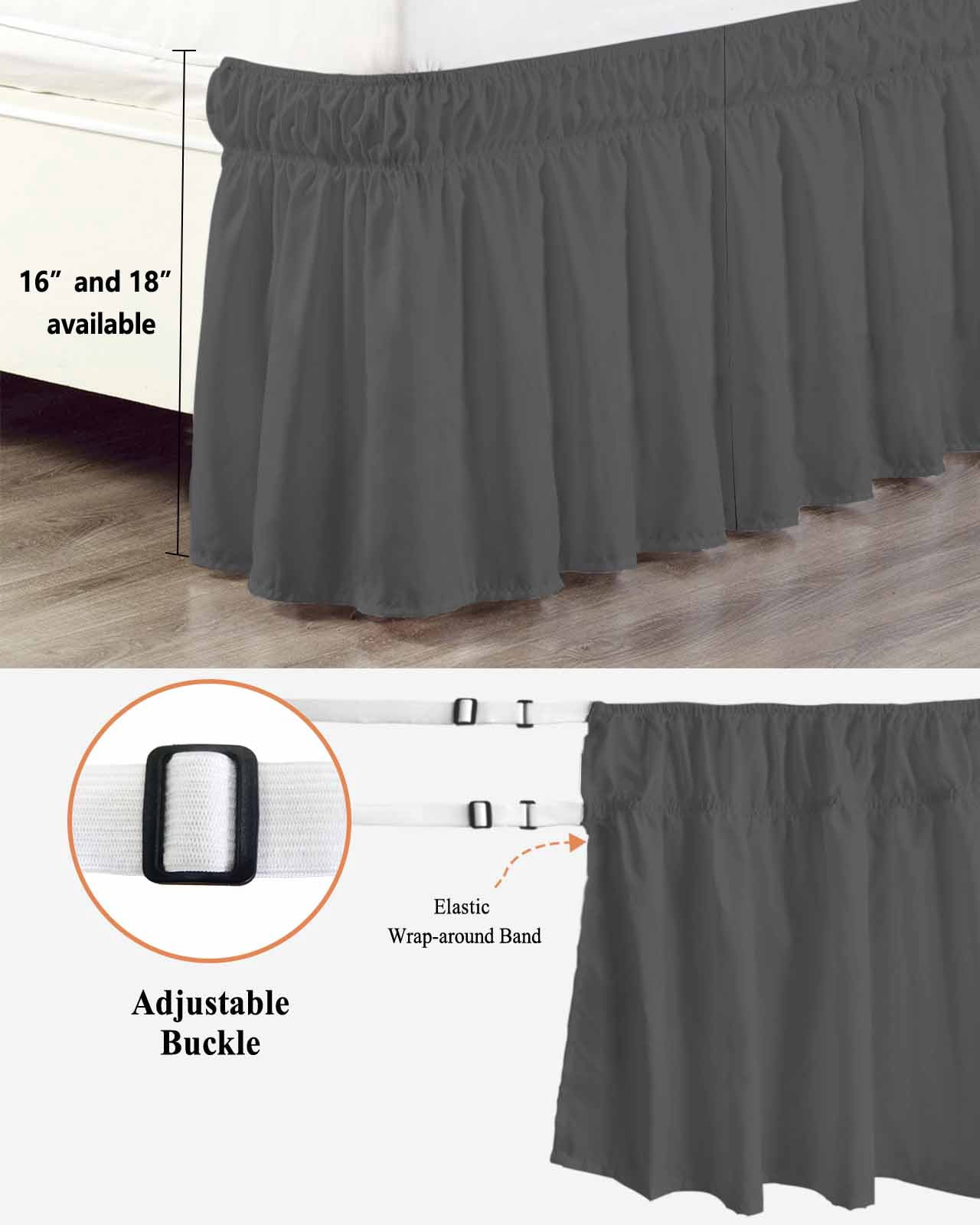 Dark Gray Bed Skirt Solid Color Bed Skirts California King Size 18 Inch Drop, Wrap Around Dust Ruffle&nbsp;Bedskirt with Adjustable Elastic Belt for Queen Size Beds