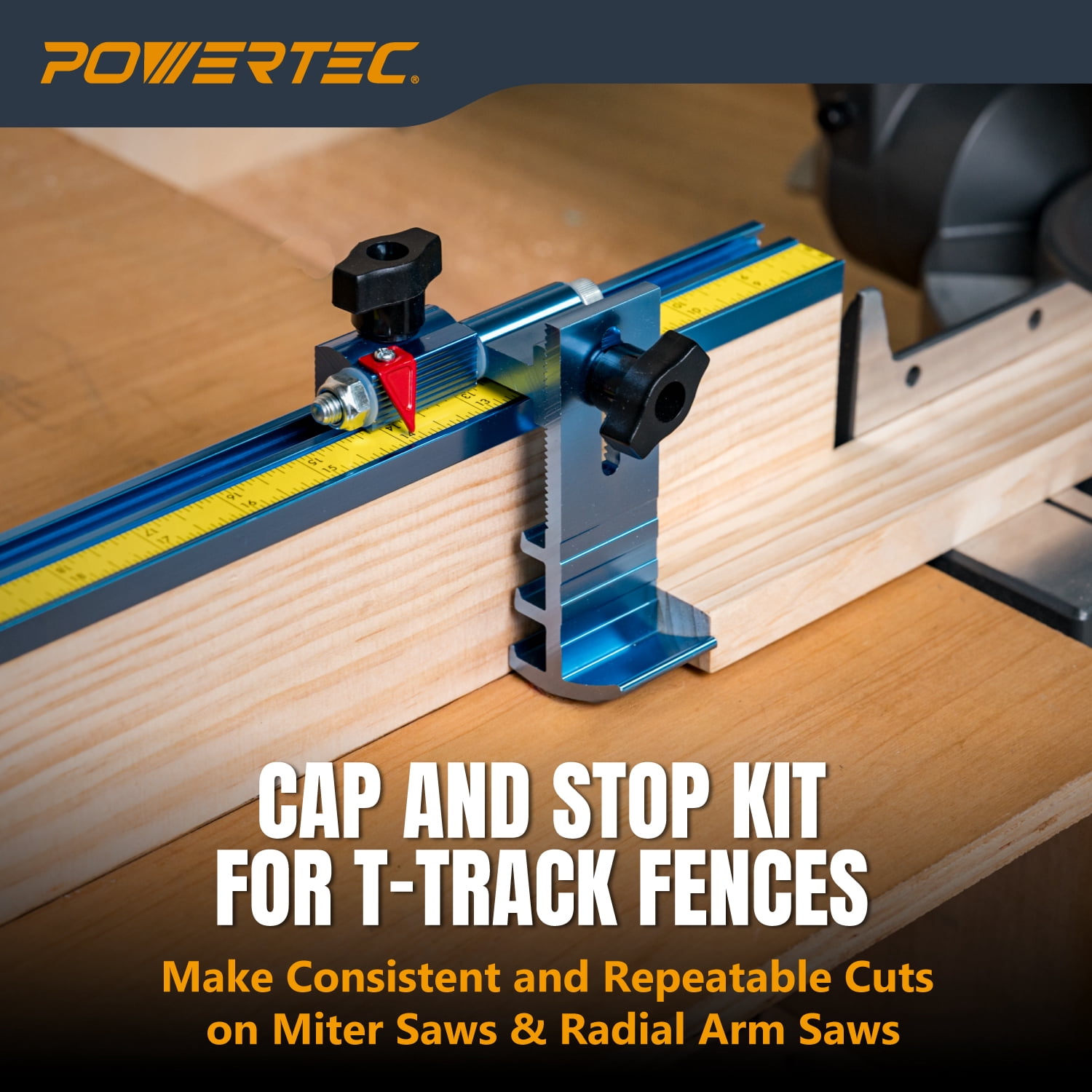 POWERTEC Miter Saw Fence for Miter Saw, Drill Press & Radial Arm Saw, Includes T Track Stop Kit, Tape Measures and T Track Fence Cap, T Track Accessories for Woodworking (71742N)