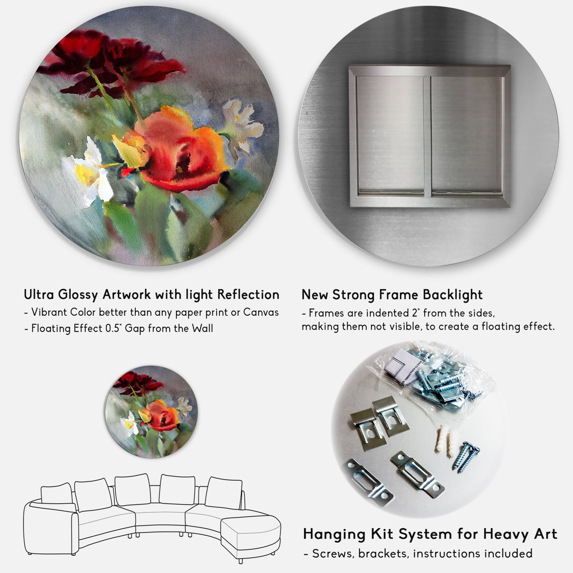 Designart 'Blossoming Vibrant Red Wildflowers' Traditional Circle Metal Wall Art 11x11 - Disc of 11