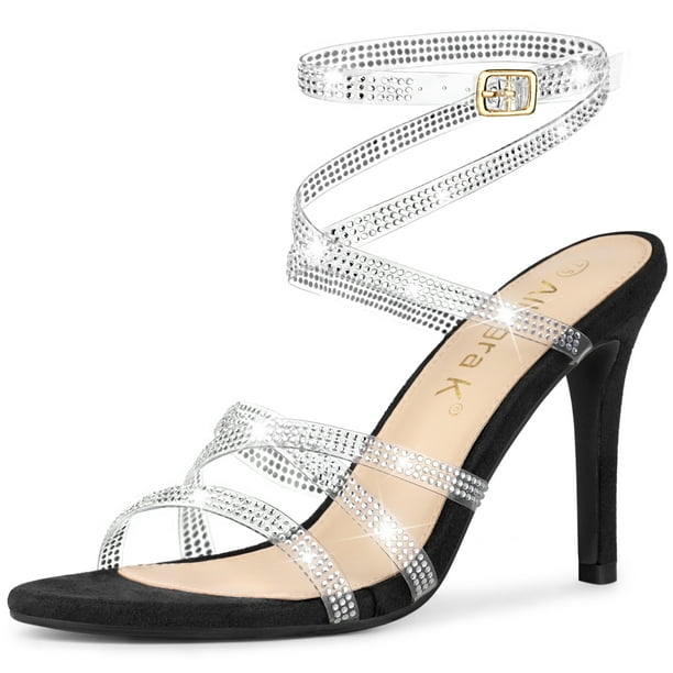 Sandalias de tacón de aguja con correa en el tobillo y diamantes de imitación para mujer negro, EE. UU. 8,5
