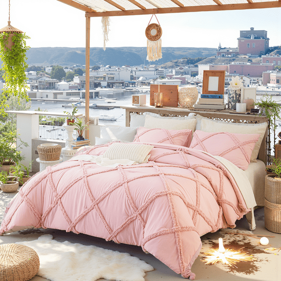 Tufted Boho Comforter Set Queen Beige Boho Bedding Comforter Set Shabby Chic Farmhouse Quilt Set Room Decor Aesthetic 3 Pcs Geometric Embroidery Jacquard Lightweight Comforter Queen/King Size