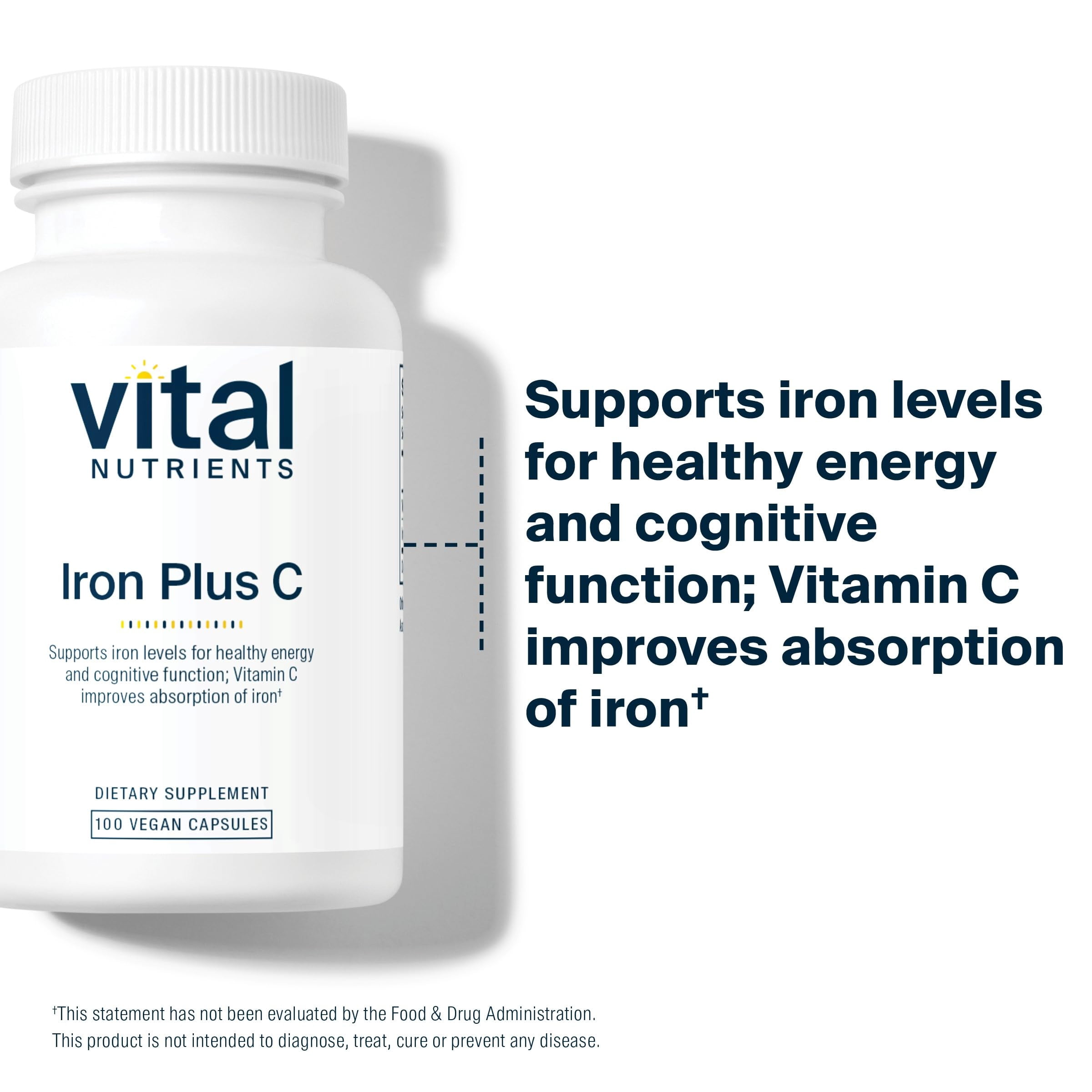 Vital Nutrients Iron Plus C | Vegan Iron Supplement | 20mg Fe with 200mg Vitamin C to Increase Fe and Energy Levels | Gluten, Dairy, Soy Free | Non-GMO | 100 Capsules