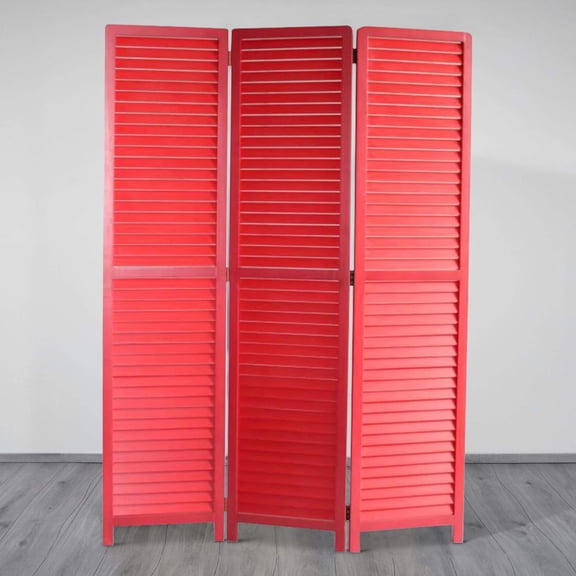 Transitional Wooden Screen with 3 Panels and Shutter Design, Red - Saltoro Sherpi