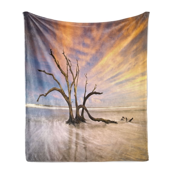 Driftwood Soft Flannel Fleece Blanket, Seascape Theme Dead Tree Driftwood in the Ocean at Sunset Landscape Print, Cozy Plush for Indoor and Outdoor Use, 70" x 90", Beige and Orange, by Ambesonne