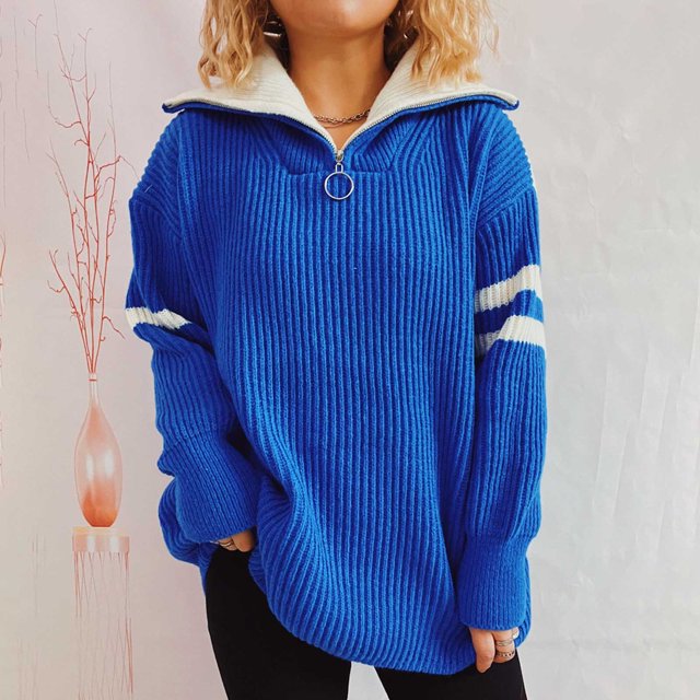 EGNMCR Pull à Col Rond pour Femmes, Pull à Fermeture Éclair Contrastante Tricoté