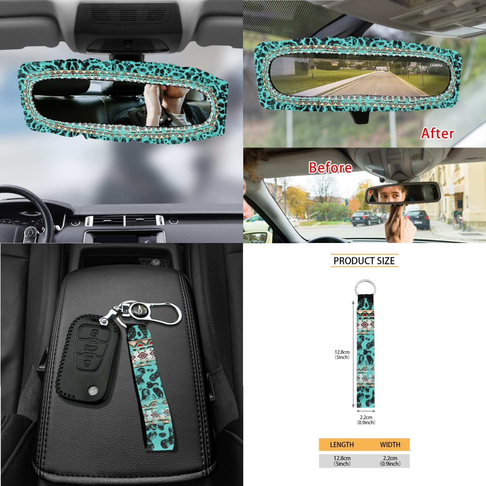 Garronmavis Aztec Cow Print 15 PCS Car Seat Cover Full Set 4 Pieces Car Seat Covers Steering Wheel Cover Keychain Car Trash Can Car Dash Accessories Auto Rear View Mirror Covers Cup Mats