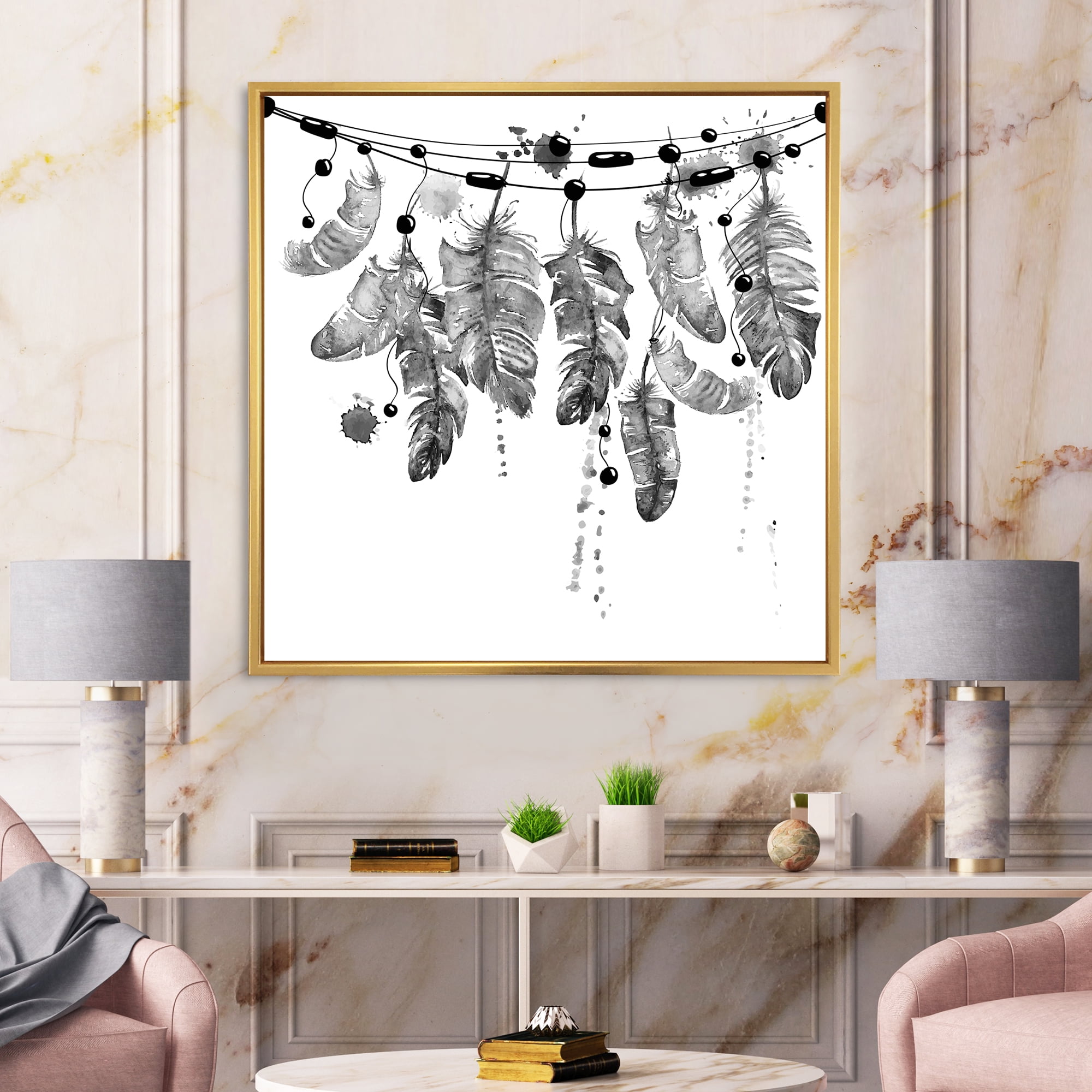 Designart 'Hanging Monochrome Bird Feathers' Bohemian & Eclectic Framed Canvas Wall Art Print