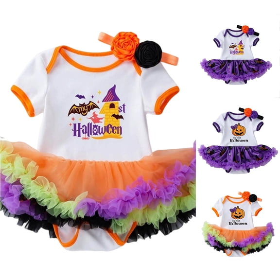 Oiyii Baby's My First Halloween Pumpkin Graphic Romper Short Sleeve Halloween Bodysuit Halloween Photo Jumpsuit,Orange