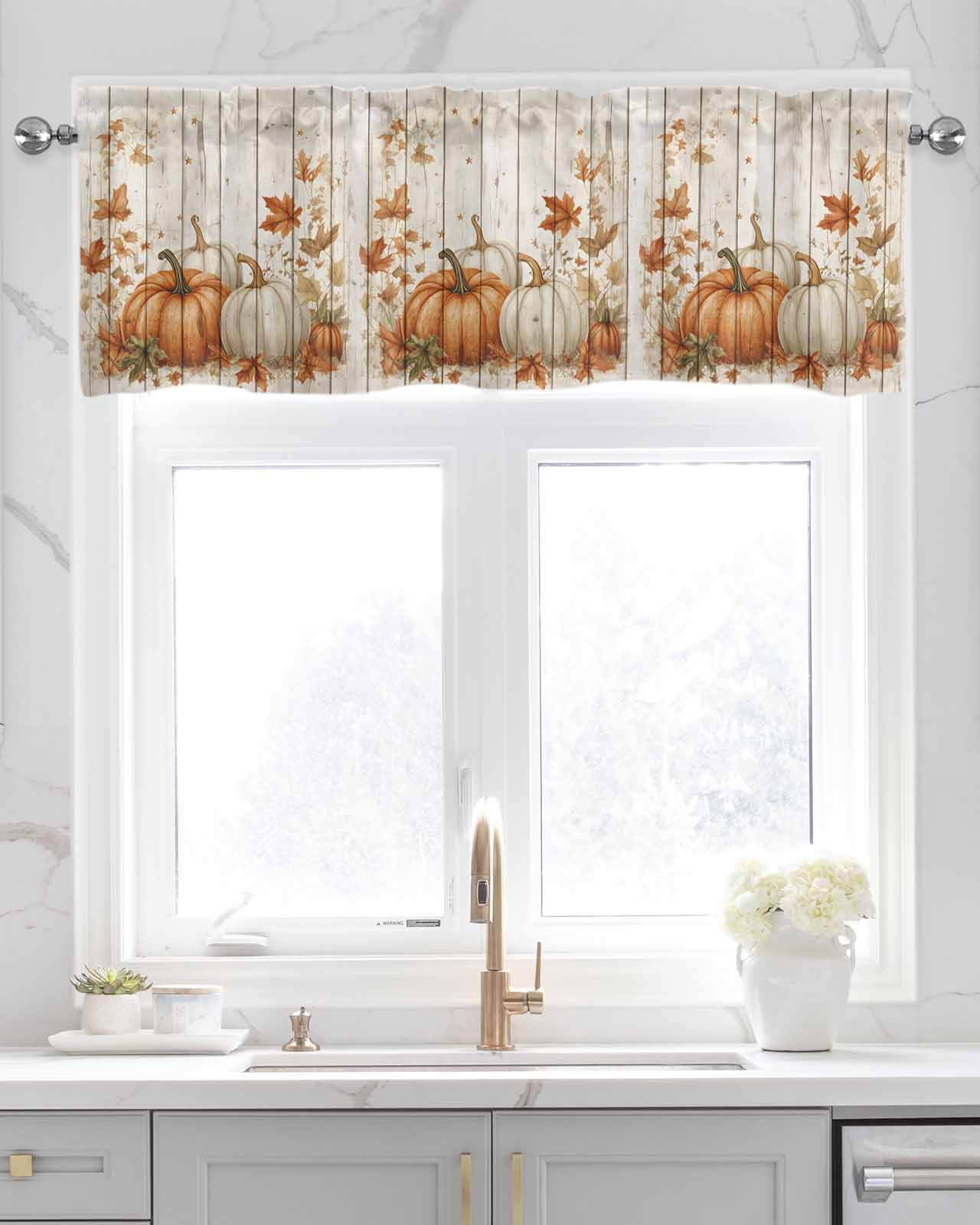 Thanksgiving Pumpkins Kitchen Valances for Windows Farmhouse Linen Window Valance Curtain for Living Room Window Treatment Fall Maple Leaves Farm Wood Grain Valance Rod Pocket Topper, 42 x 18 Inch