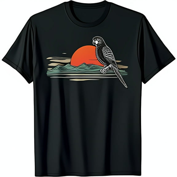 Vintage Black T-Shirt with Parakeet Against Red Sunset Graphic
