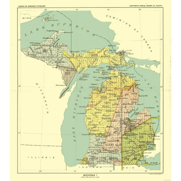 Historic State Map - Michigan - Hoen 1896 - 23 x 25.82 - Vintage Wall Art