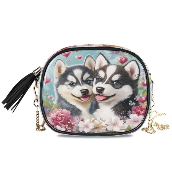 Womens Casual Chain Shoulder Bag Simple style Two Puppies with Hearts Crossbody Bag