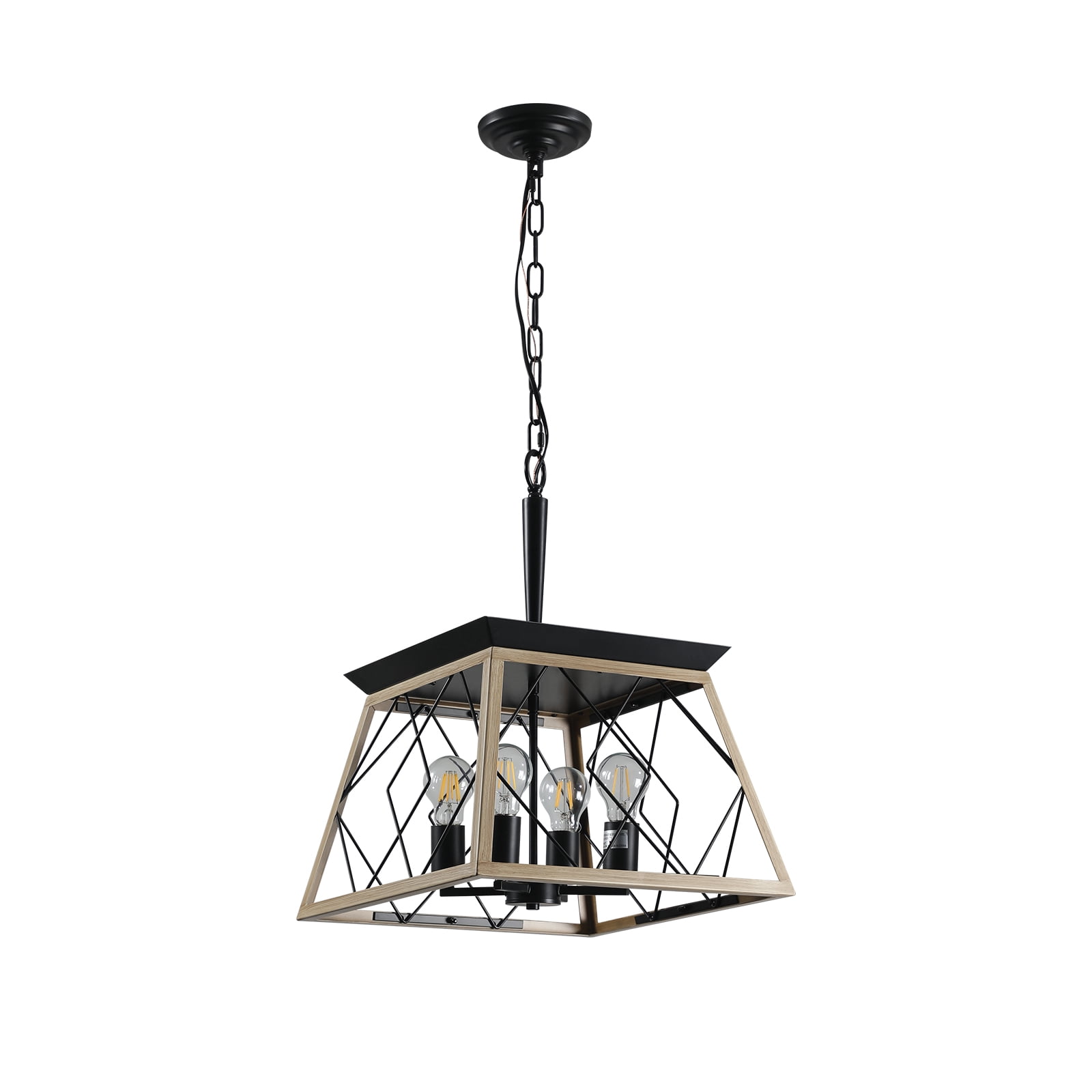 4-Light Farmhouse Vintage Chandelier, Rustic Pendant Light, with Faux Wood Finish, Adjustable Chain Industrial Fixture for Dining Room, Foyer, Kitchen Island, Oak E26 Base