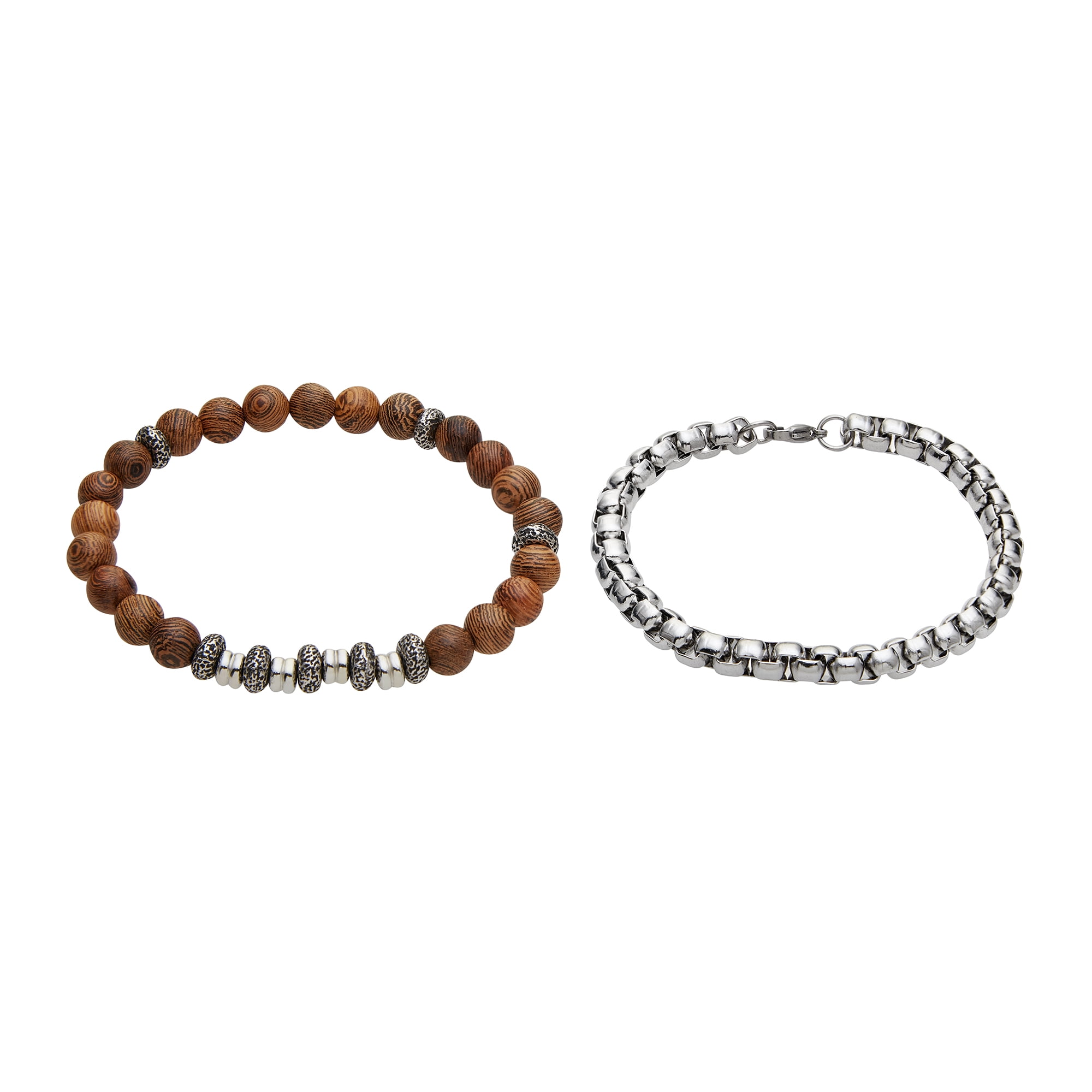 American Exchange 2 Piece Precious Stone & Alloy Silver/Brown Beads Stackable Bracelet for Men