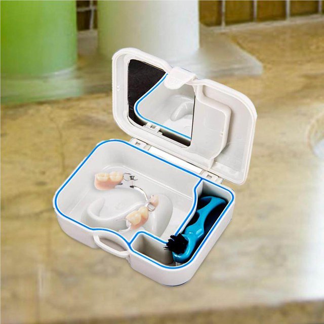 False Teeth Storage Box Denture Storage Box Denture Storage Box Case Case with Mirror and Clean Brush Dental Appliance Net Container