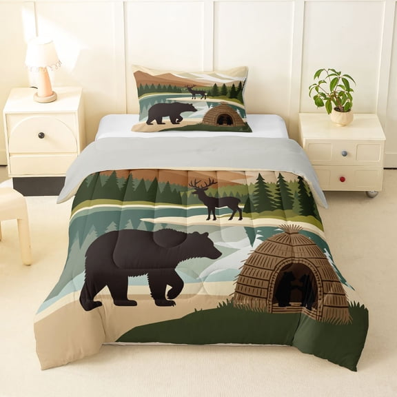 Manfei Wild Bear Twin Comforter Sets,Vintage Animals Bedding Set,Brown,Light Gray Reversible,2-Piece,1 Comforter and 1 Pillowcase