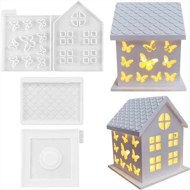 1 Juego de Moldes de Silicona para Casa 3D para Resina, Hormigón, Casa de Mariposas, Portavelas, Molde, Adornos Decorativos en Forma de Casa