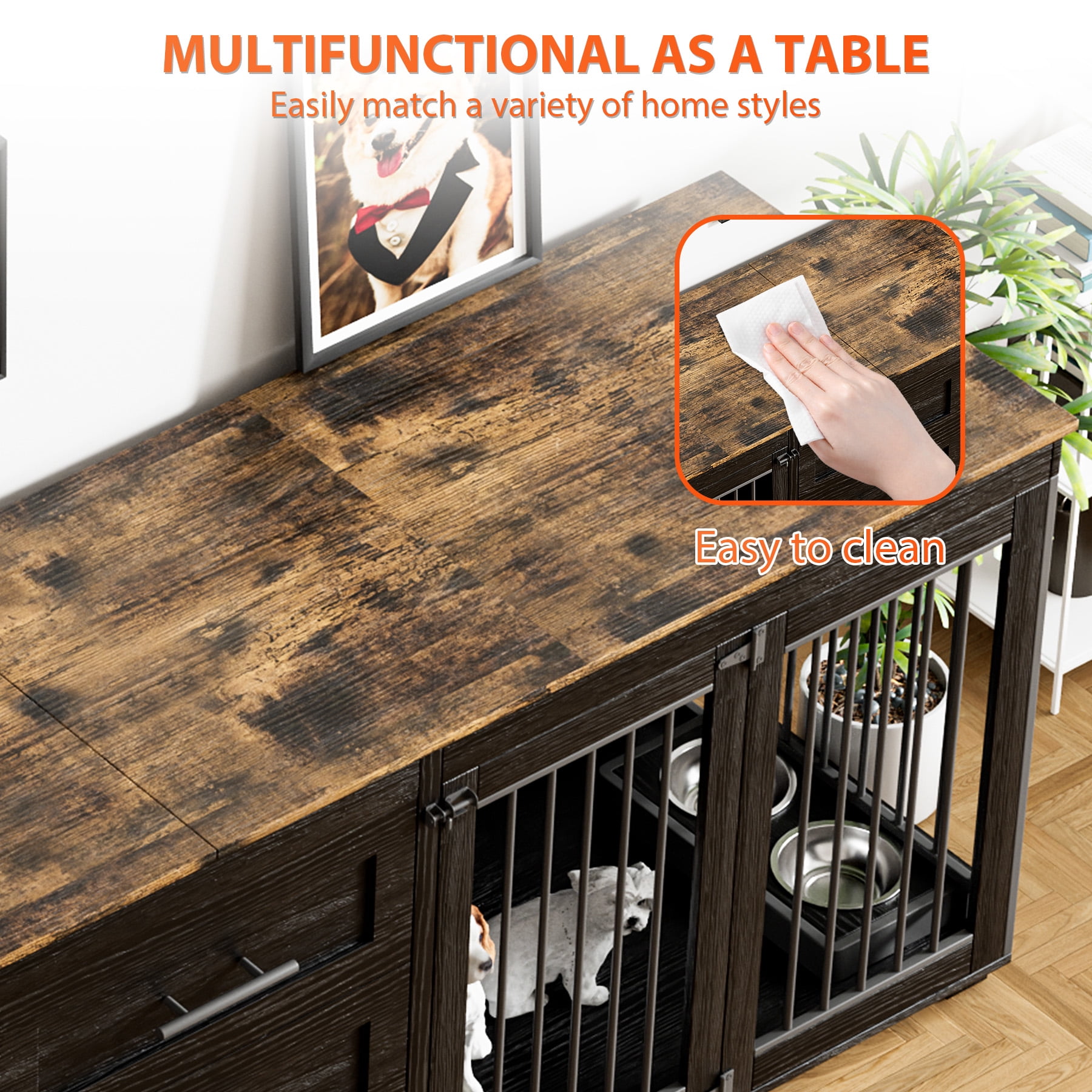 Rophefx 95.4" Dog Crate Furniture for 2 Dogs,Large Kennel with 3 Drawers and 4 Bowls,Wooden Heavy Duty Indoor Dog House,Black Brown