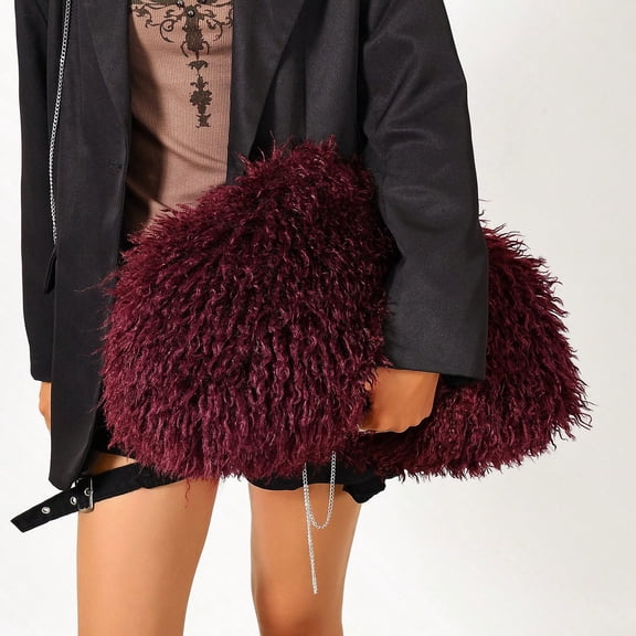 Women's Burgundy Faux-Wool Clutch – A Fluffy, Plush Statement Bag with Winter Punk Vibes, Perfect for Clubbing and Street-Style Outfits