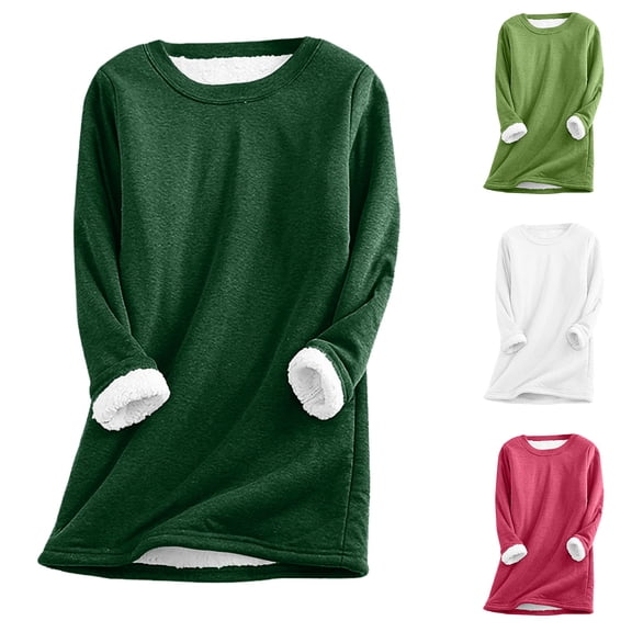 Feancey Plus Size Fleece Lined Sweatshirt Women Winter Sherpa Pullover Soft Long Sleeve Crewneck Sweatshirts Comfy Short Plush Thermal Tops Army Green L
