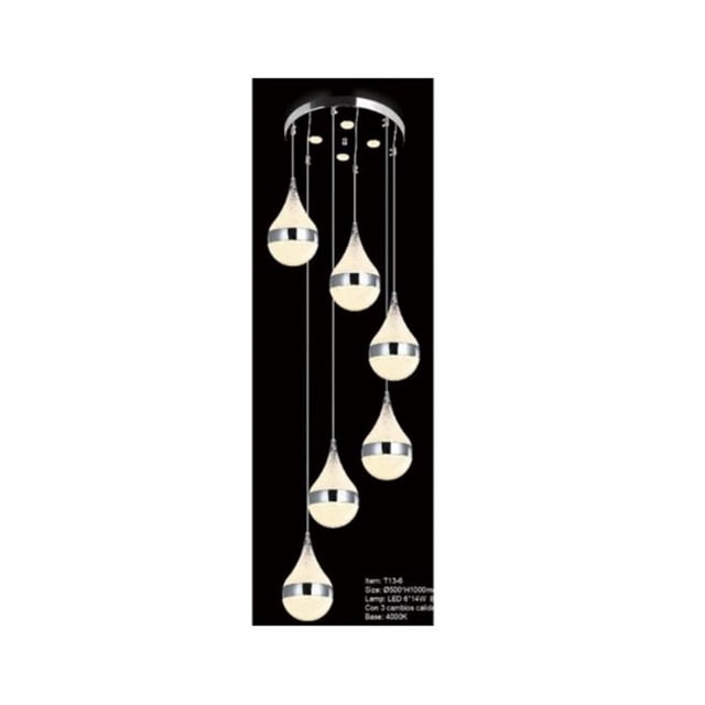 lampara colgante poula 6 luces iluminación luz vic innovador lámpara de techo blanca moderna con seis gotas colgantes en dos alturas desde una placa circular; cables finos, bandas metálicas en cada gota, acabado en acero y detalles tipo strass, difusores LED visibles, ideal para comedor y uso decorativo.